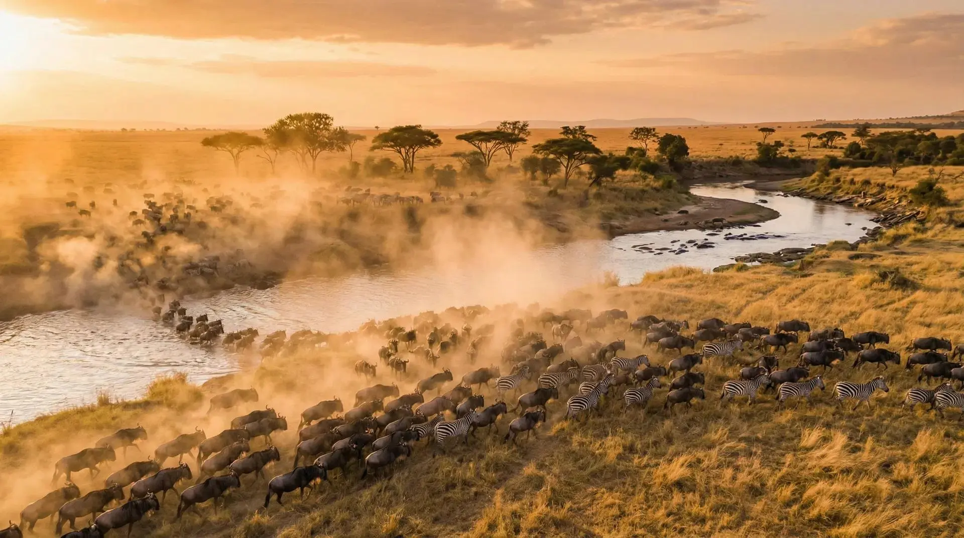 Great Migration herds crossing the Serengeti plains