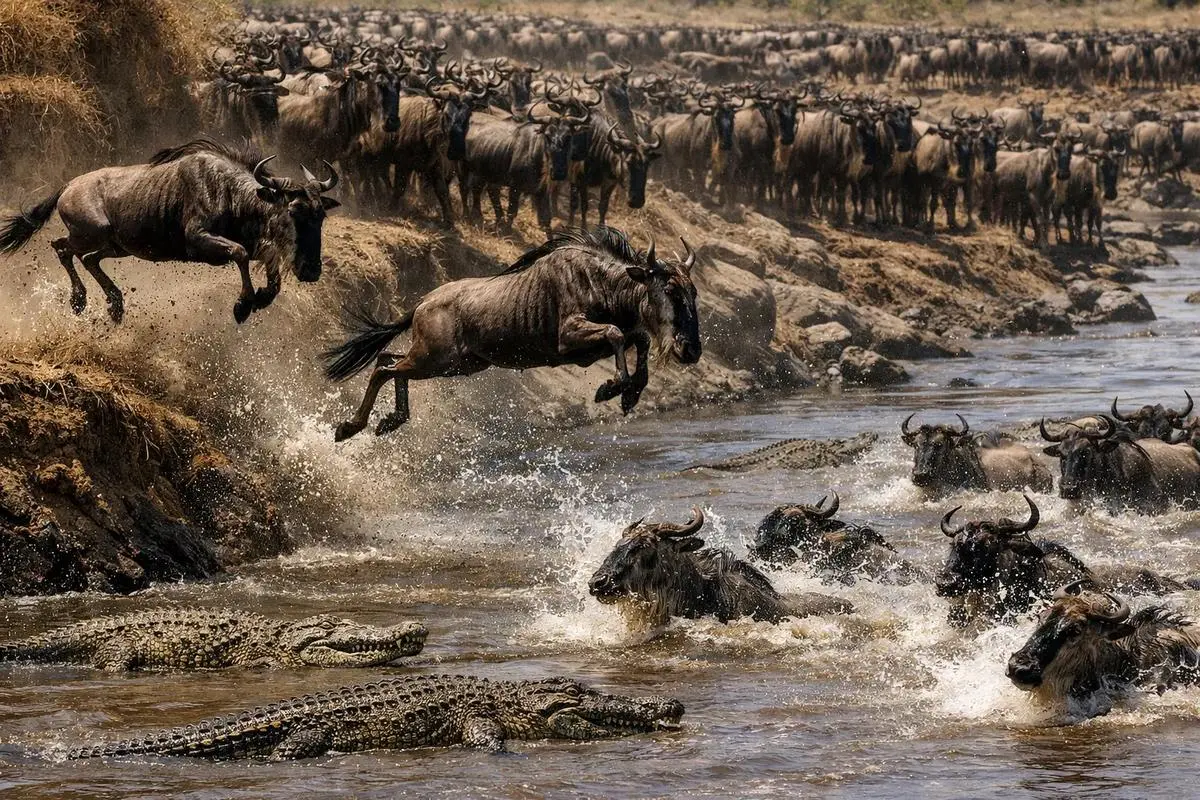 Herds gathering on the riverbank before a Mara crossing